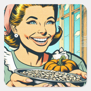 Retro Mum with Tray of Pumpkin Seeds Halloween Square Sticker