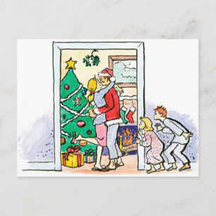 Retro Mummy Kissing Santa Claus Holiday Postcard