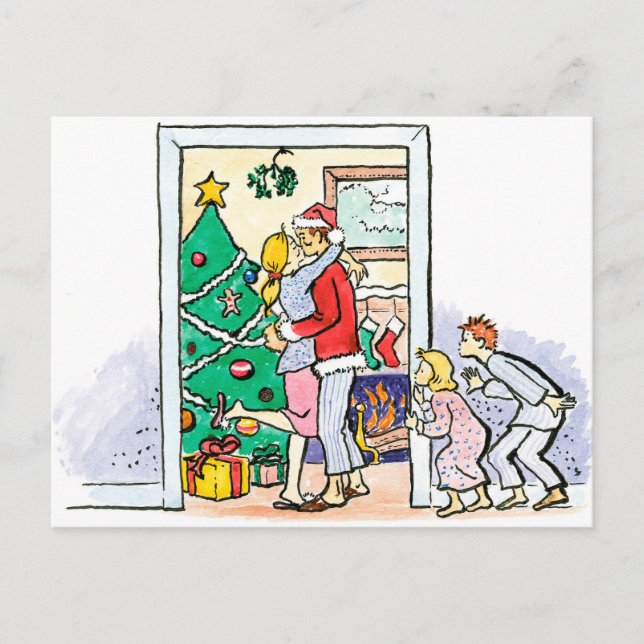 Retro Mummy Kissing Santa Claus Holiday Postcard (Front)
