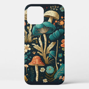 Retro Mushroom and Flower Illustration Design iPhone 12 Case