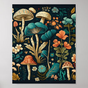 Retro Mushroom and Flower Illustration Design Poster