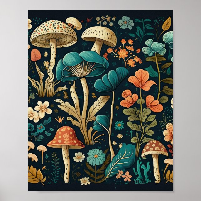 Retro Mushroom and Flower Illustration Design Poster (Front)