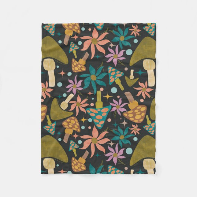 Retro Mushroom Black Woodland Fleece Blanket (Front)