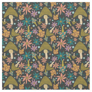 Retro Mushroom Floral Black Pattern Fabric