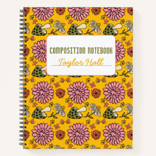 Retro Mushroom Floral Yellow Personalised Notebook