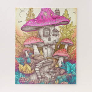 Retro Mushroom Village Illustration Art Jigsaw Puzzle