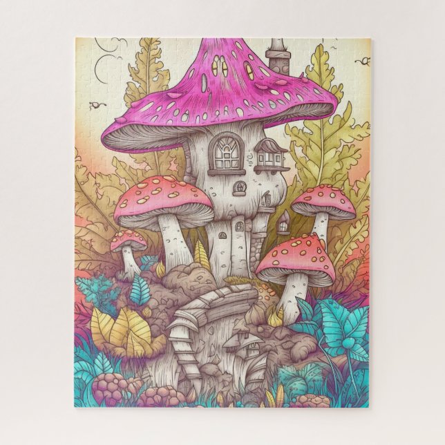 Retro Mushroom Village Illustration Art Jigsaw Puzzle (Vertical)