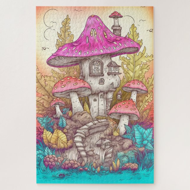 Retro Mushroom Village Illustration Art Jigsaw Puzzle (Vertical)