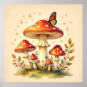 Retro Mushrooms and Butterfly   Vintage Colors Poster