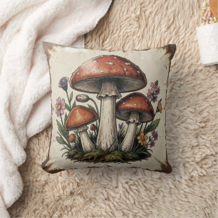 Retro Mushrooms and Flowers Vintage Vibes Cushion