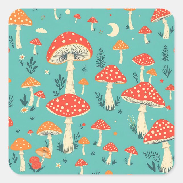 Retro Mushrooms in Vintage Colours Square Sticker (Front)