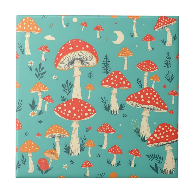 Retro Mushrooms in Vintage Colours Tile (Front)