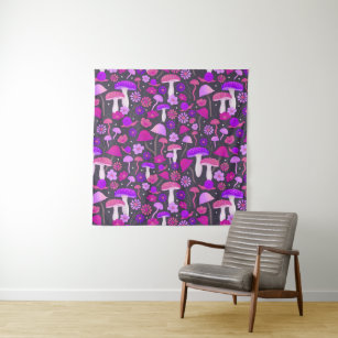 Retro Mushrooms Psychedelic Purple, Pink & Black Tapestry