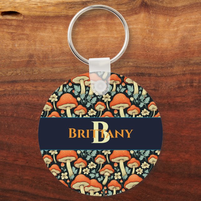 Retro Mushrooms Vintage Flowers Personalised Key Ring (Front)