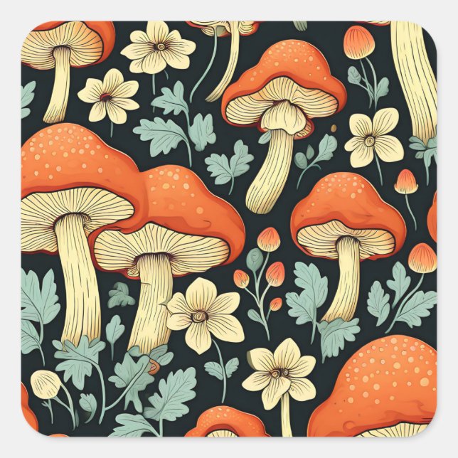 Retro Mushrooms Vintage Flowers Square Sticker (Front)