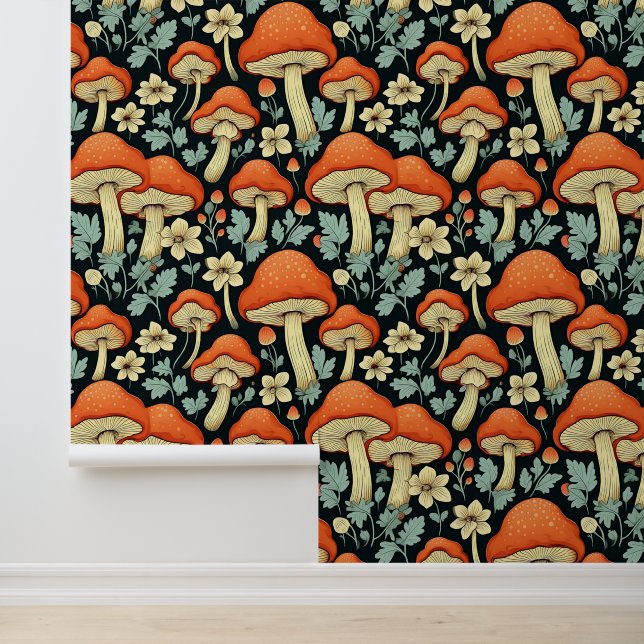 Retro Mushrooms Vintage Flowers Wallpaper (Application)
