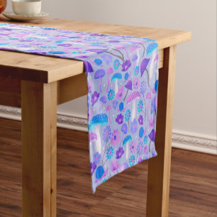 Retro Mushrooms Woodland Purple Turquoise Blue Short Table Runner