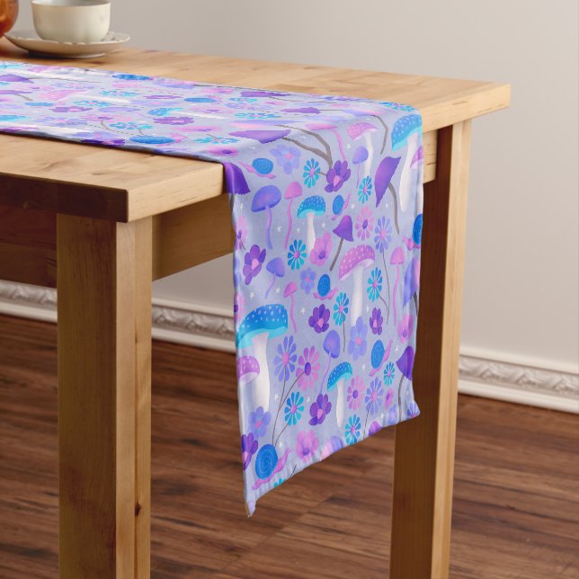 Retro Mushrooms Woodland Purple Turquoise Blue Short Table Runner (In Situ)