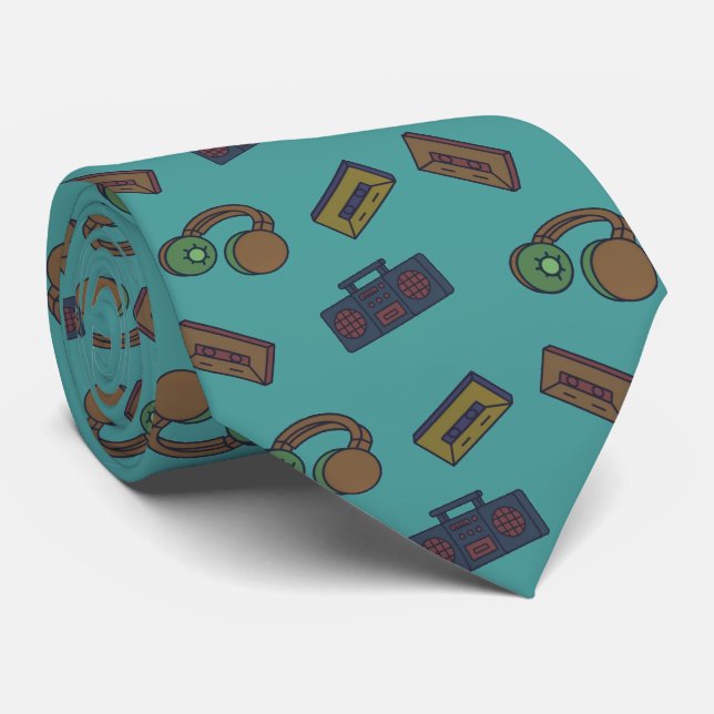 Retro Music Audio Collage Pattern Teal Tie (Rolled)