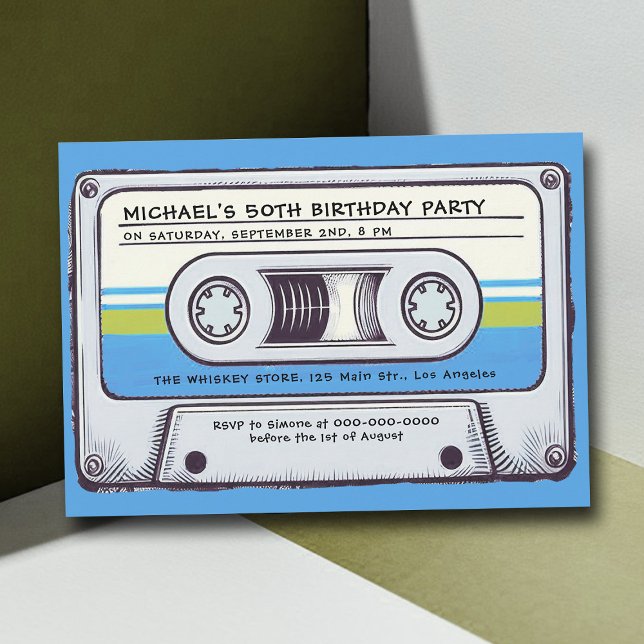 Retro Music Cassette Mixtape Men 50th Birthday Invitation (cassette mixtape 80s nostalgia 50th birthday party men vintage retro 70s 60s fun music blue yellow)
