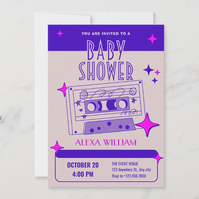 Retro music cassette tape baby shower invitation (Front)