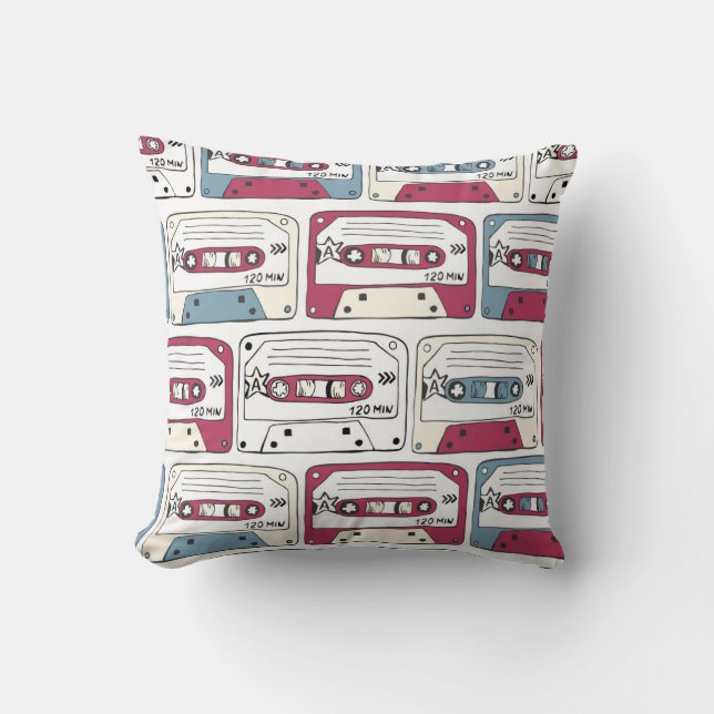 Retro Music Cassettes: Rock Background Pattern Cushion (Front)