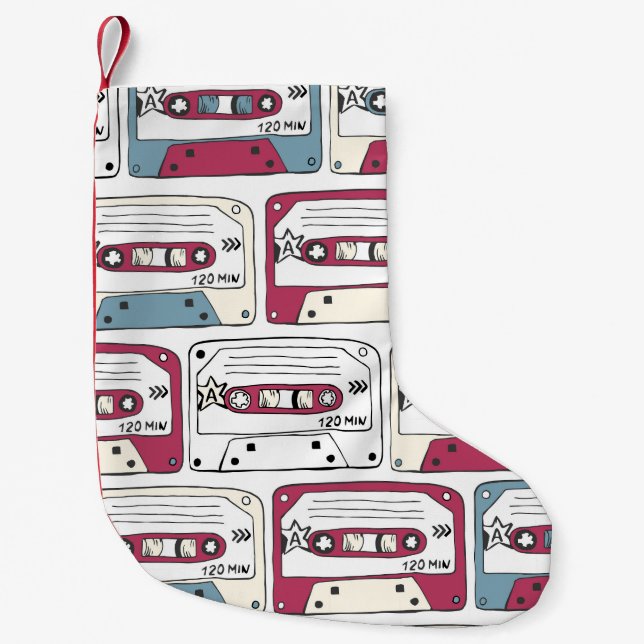 Retro Music Cassettes: Rock Background Pattern Small Christmas Stocking (Front)