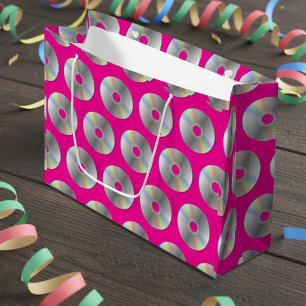 Retro Music CDs Pattern Hot Pink Large Gift Bag