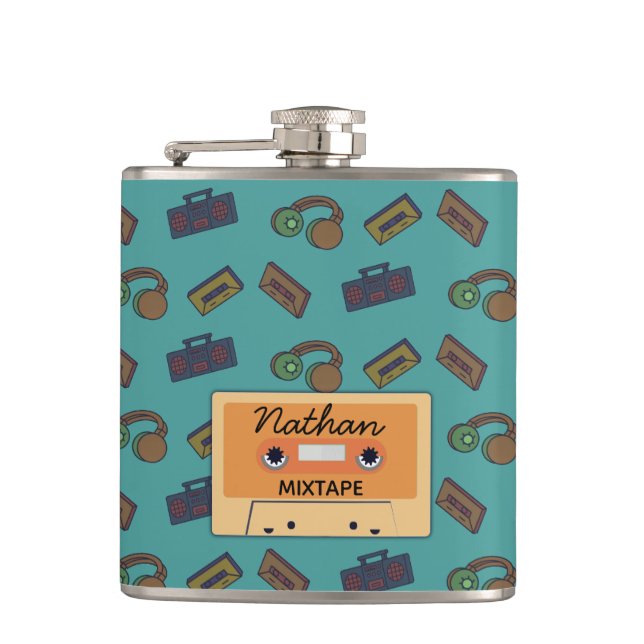 Retro Music Collage Mixtape Personalised Hip Flask (Front)