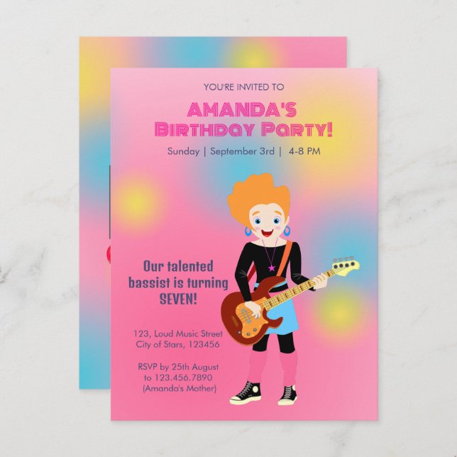 Retro music girls band Birthday Party Invitation Postcard (Front/Back)