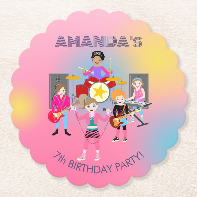 Retro music girls band Birthday Party Paper Coaster (Front)