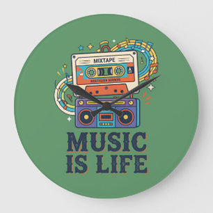 Retro Music Is Life Mixtape & Boombox Design. Large Clock