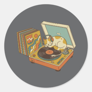 Retro Music Lover Cat on Vintage Vinyl Record Play Classic Round Sticker