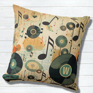 Retro Music Lover's Vinyl Records Music Notes Cushion