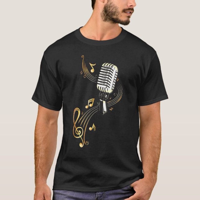 Retro Music Microphone With Musical Notes And Clef T-Shirt (Front)