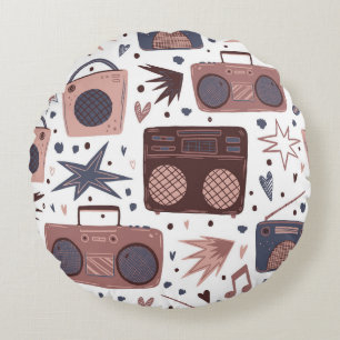 Retro Music Seamless Vintage Pattern. Round Cushion