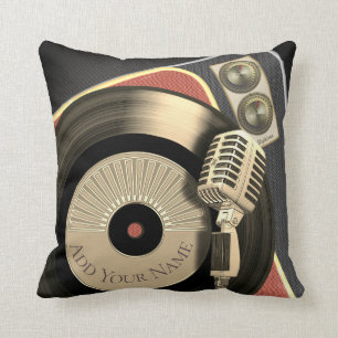 Retro Music Vintage Microphone And Vinyl Record Cushion