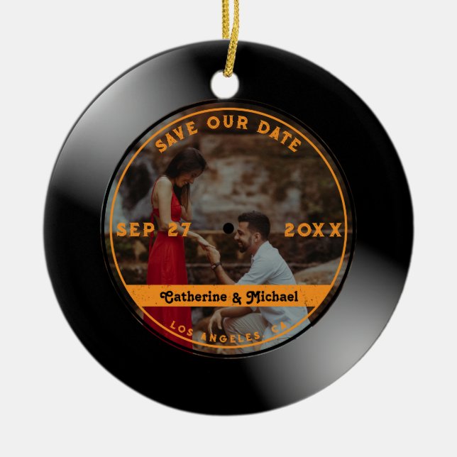 Retro Music Vinyl Record Photo Wedding Round  Ceramic Tree Decoration (Front)