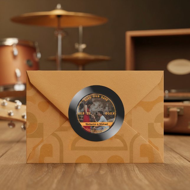 Retro Music Vinyl Record Photo Wedding Round  Classic Round Sticker (Creator Uploaded)