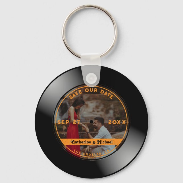 Retro Music Vinyl Record Photo Wedding Round  Key Ring (Front)