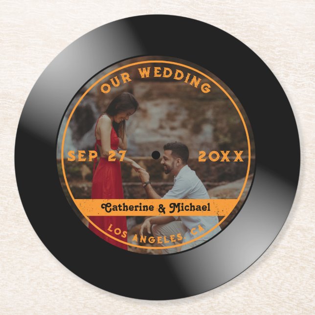 Retro Music Vinyl Record Photo Wedding  Round Paper Coaster (Front)