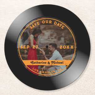 Retro Music Vinyl Record Photo Wedding Round   Paper Coaster