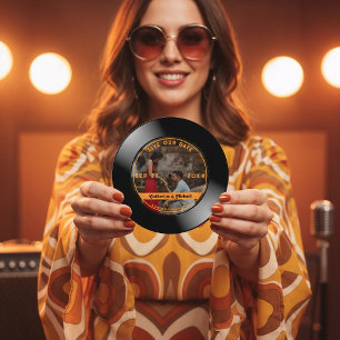 Retro Music Vinyl Record Photo Wedding Round Save The Date