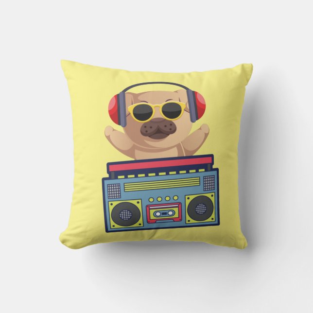 RETRO MUSICAL PUG AND CASSETTE PLAYER  CUSHION (Front)