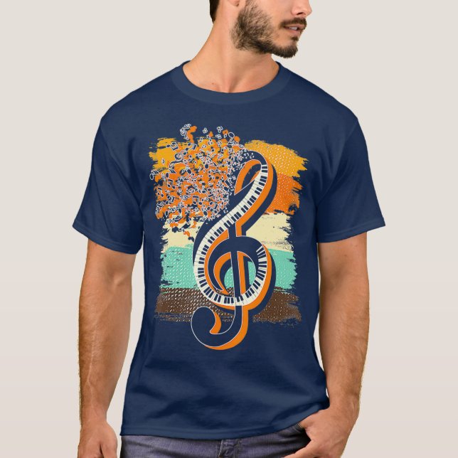 Retro Musician Music Notes Piano Keys Treble T-Shirt (Front)