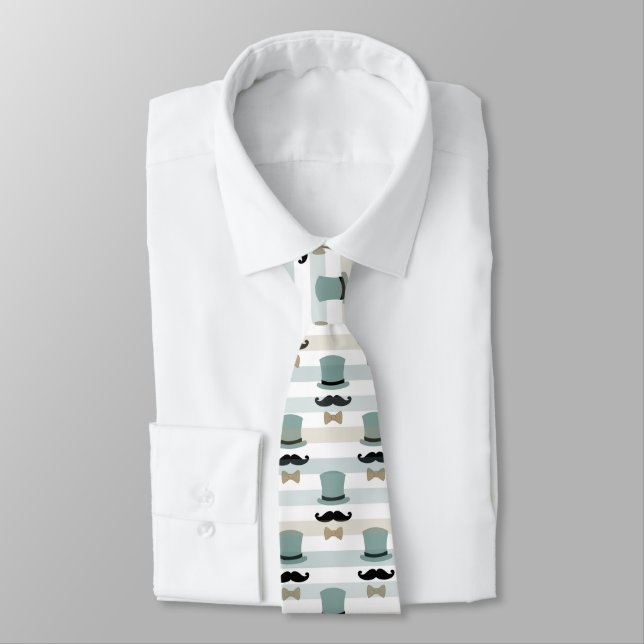 Retro Mustache and Top Hat Stripe Pattern Tie (Tied)