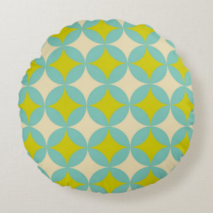 Retro Mustard and Teal Geometric Circle Pattern Round Cushion