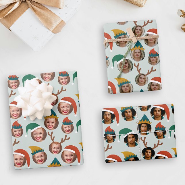 Retro Mustard Christmas Crew Three Photo Custom Wrapping Paper Sheet (Creator Uploaded)