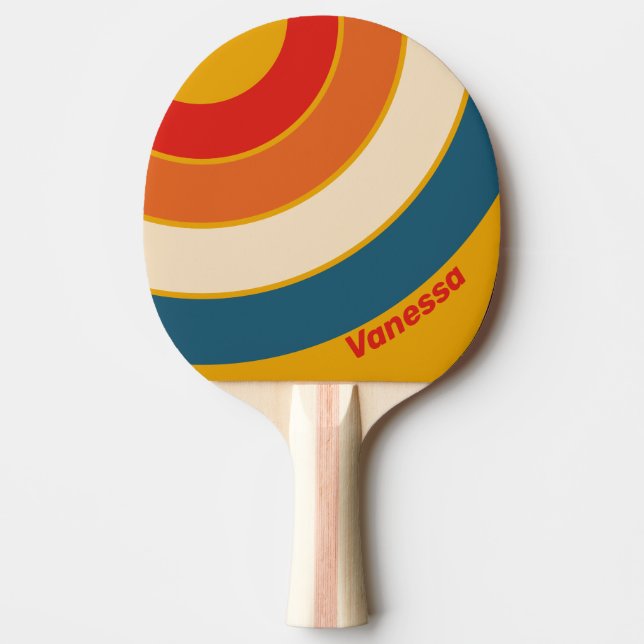 Retro Mustard Circle Stripe with Name Ping Pong Paddle (Front)