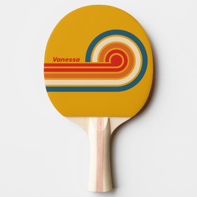 Retro Mustard Curl Stripes with Name Ping Pong Paddle (Back)